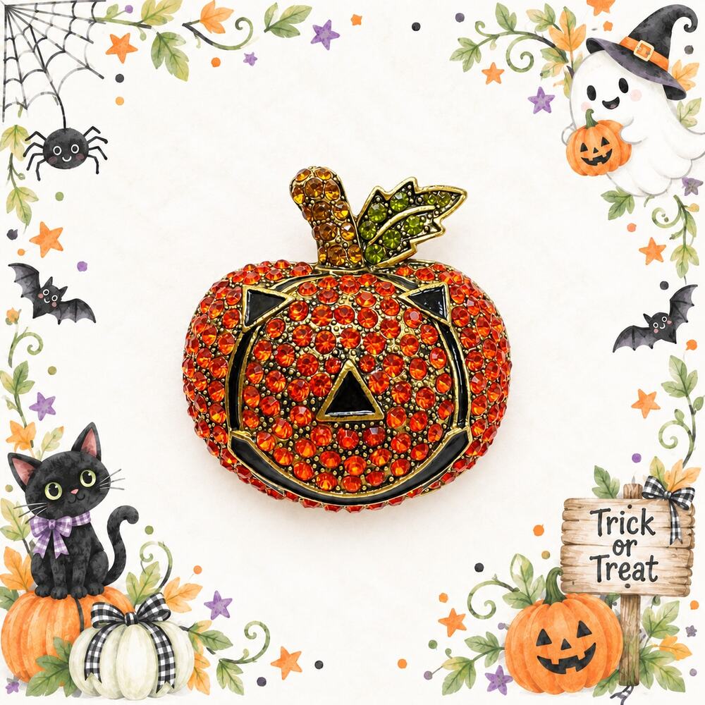 Halloween Jack O Lantern Brooch Orange Rhinestone Pumpkin Gold Tone Pin CP214